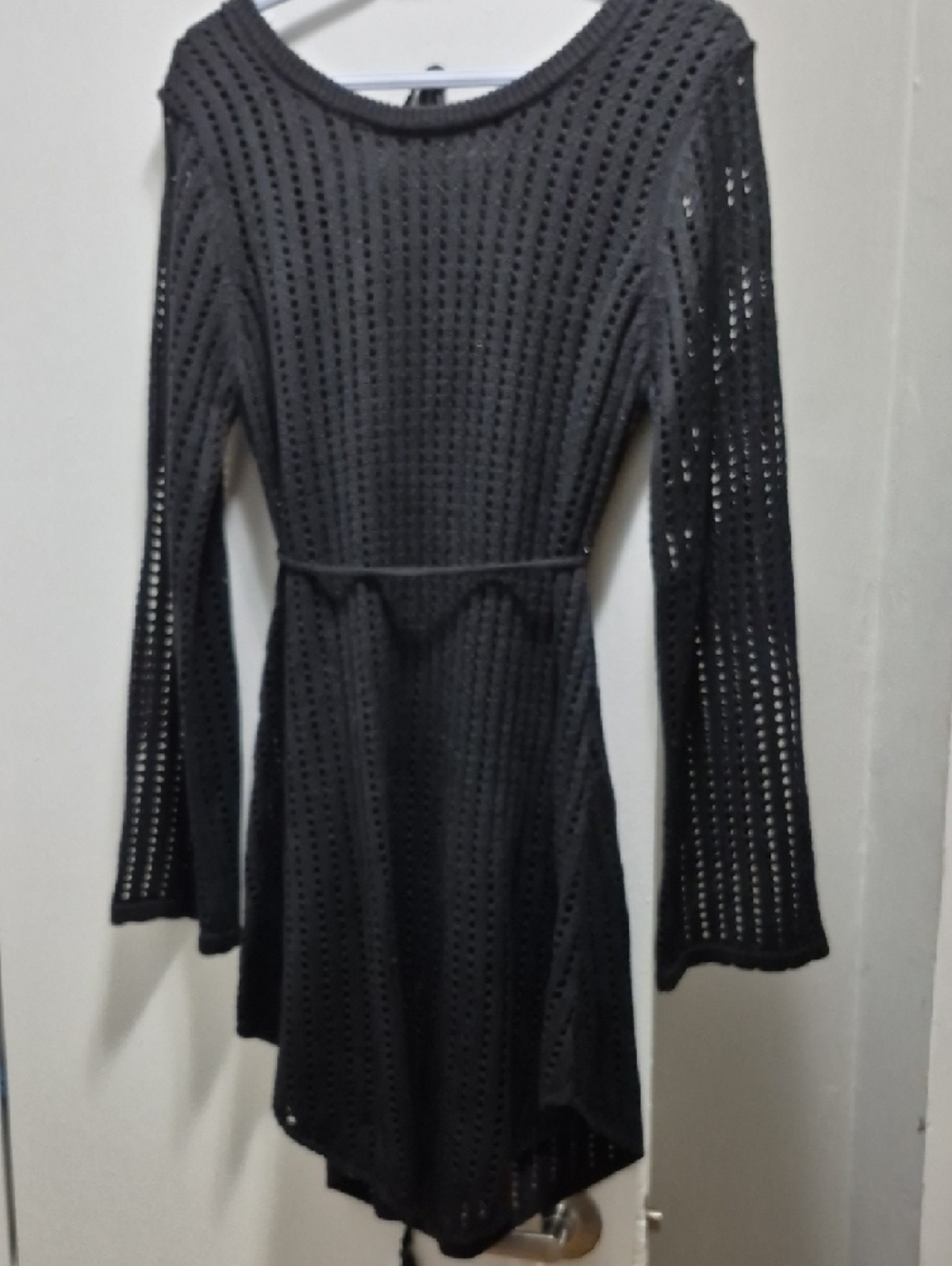 Fashion Nova Black Crochet Tie-Back Long Sleeve Dress